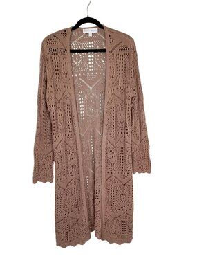 Chelsea & Theodore Tan Open-Front Crochet Cardigan XL Boho Scalloped Hem